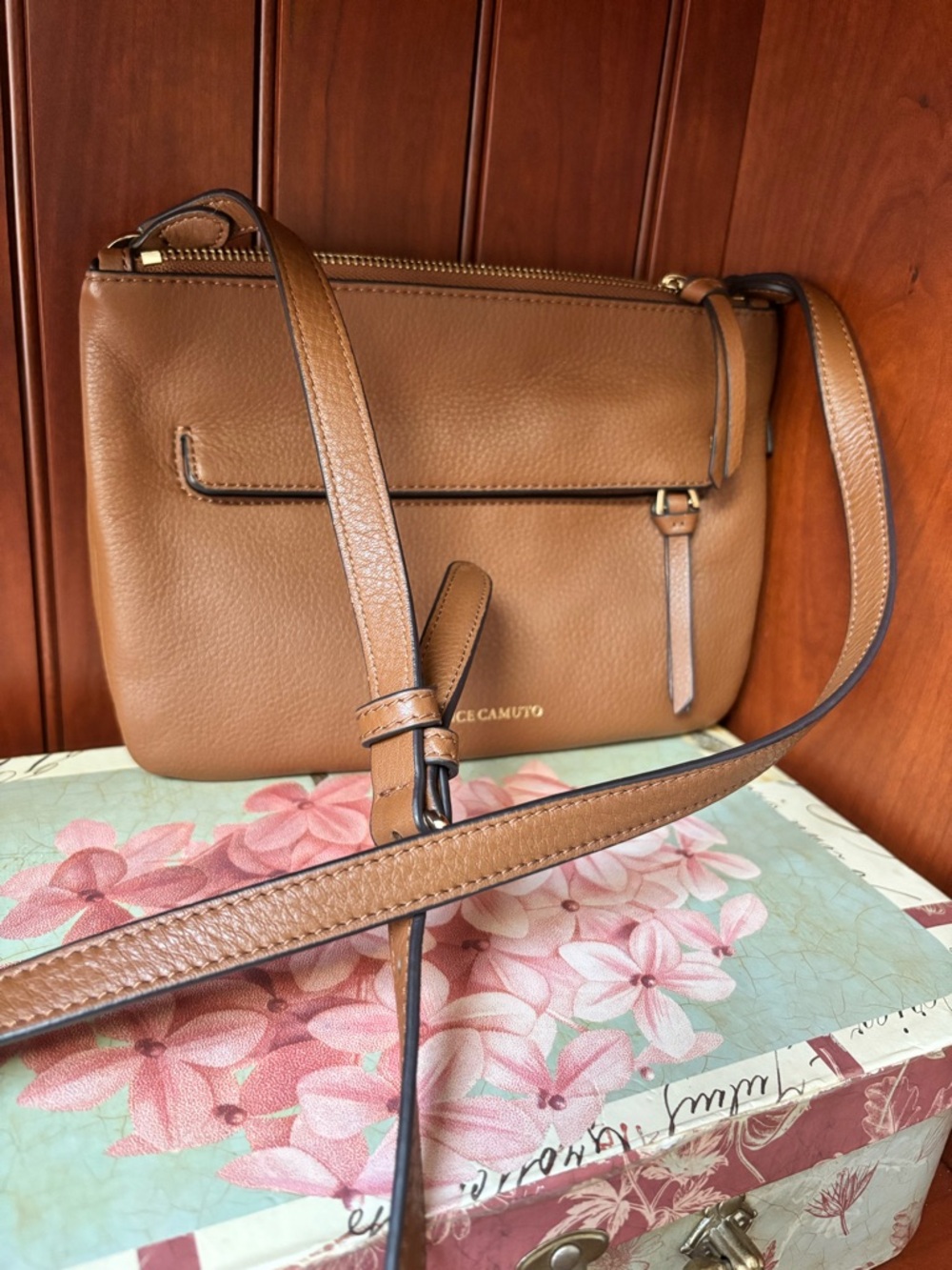 Vince Camuto Cognac Pebbled Leather Crossbody